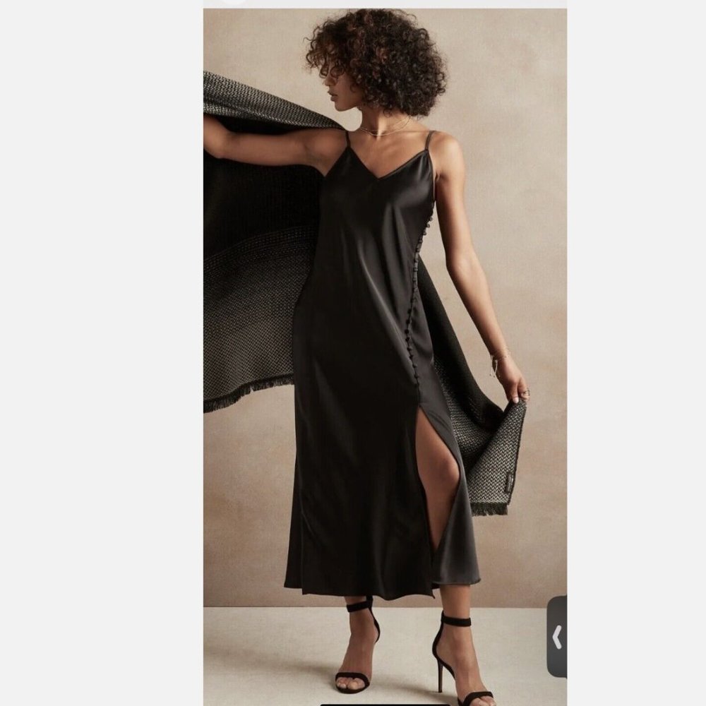 Banana Republic Petite Covered-Button Satin Midi Slip Dress - Black